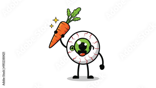 Quirky cartoon character of a giant eyeball with arms and legs holds up a fresh orange carrot with green leaves and stars.