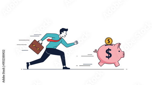 Determined businessman with a briefcase runs fast while chasing a pink piggy bank that is also running away on a white plane.