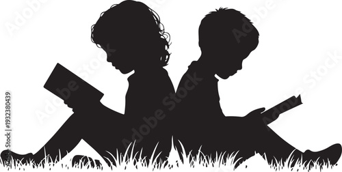 Vector silhouette of siblings sitting in the grass and reading book on white background. Symbol of girl, sister, brother, friends, family, infant, childhood, nature, park, garden