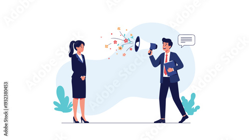 Businessman uses a megaphone to shout colorful flowers at a colleague in a blue suit to represent positive communication.