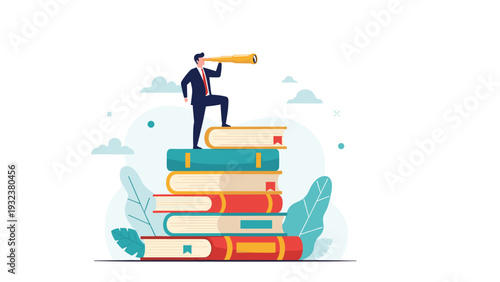 Visionary businessman stands on a tall stack of colorful books while using a telescope to look toward future career success.