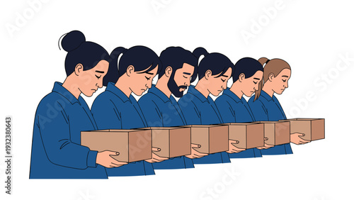 Line of sad people in blue factory uniforms each holding a brown cardboard box looking down in disappointment.