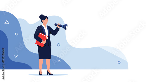 Businesswoman in a dark suit holds a red folder and shines a flashlight forward in an abstract blue landscape.