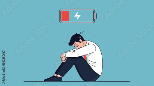 Tired businessman in a white shirt sits on the floor with head down while a red low battery icon floats above him.