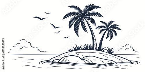  Small Tropical Island with Coconut Trees Flat Vector on White Background