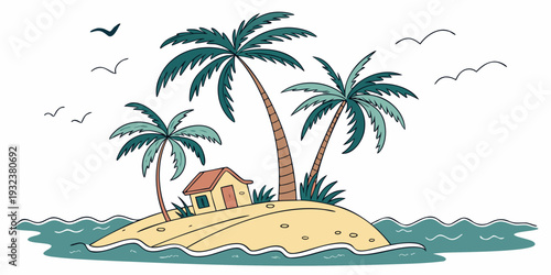  Small Tropical Island with Coconut Trees Flat Vector on White Background