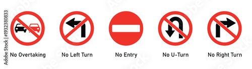 road warning prohibition traffic signs collection with no entry no turn and no overtaking symbols