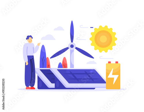 The concept of renewable energy and alternative resources. Illustration of a man with solar panels, a wind turbine, and a battery. Utilizing light and wind for energy. Eco-friendly. Flat style