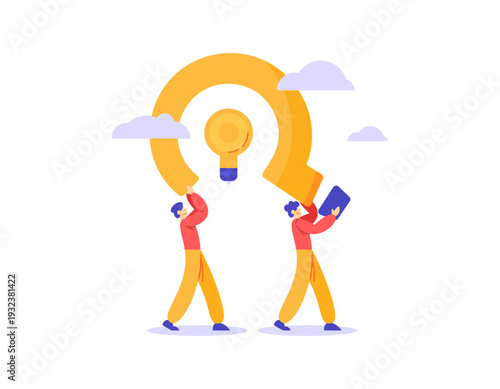 Question concept. Working together to find answers or solve problems. Research, problem solving, FAQ. Illustration of a group working together to raise a question mark symbol. Light bulb or idea