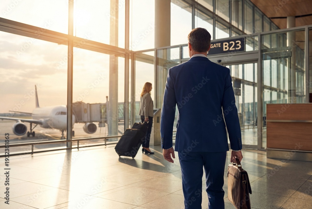 Obraz premium Rear view of businessman with luggage walking toward terminal gate at airport