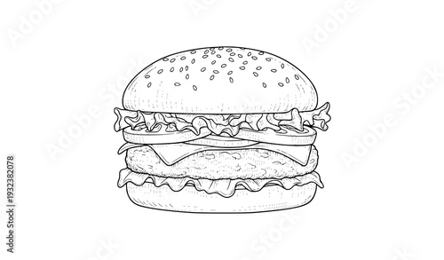 Hand Drawn Burger Line Art Vector Illustration Classic Fast Food Sketch Isolated on White Background