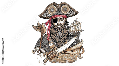 Pirate Illustration with Parrot Ship and Sword in Detailed Vintage Style