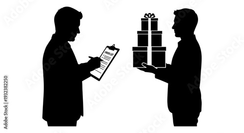 Vector silhouette of two men exchanging gifts and clipboard