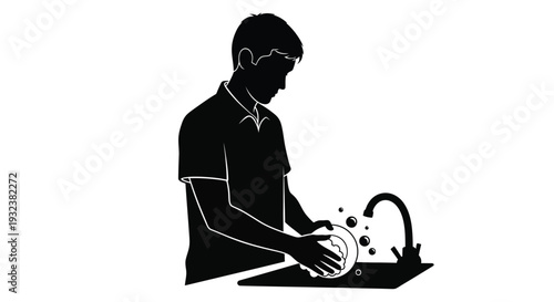 Silhouette of a man washing dishes at a kitchen sink