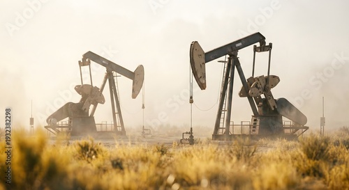 Industrial oil pumpjacks operating in a dry desert field under a hazy sky during the day, extraction of crude oil in a rural arid landscape representing energy industry and fuel production.