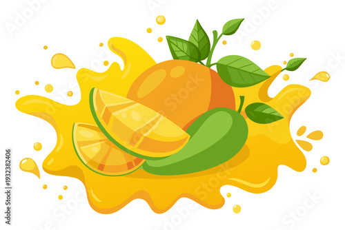 This delightful illustration presents a whole ripe mango, a green mango, and a large slice of mango enthusiastically splashing into a generous pool of vibrant yellow fruit juice.