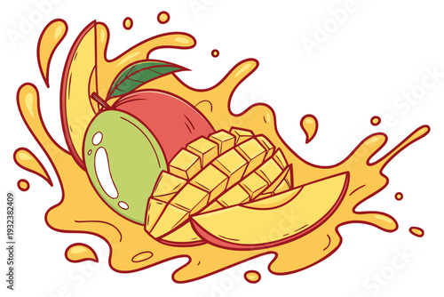 A colorful and dynamic illustration features a whole red and green mango alongside a section of diced mango and a slice, all making a vivid splash in a pool of golden juice.