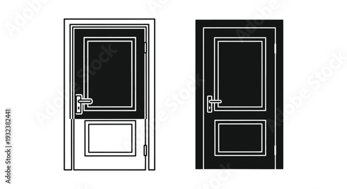 Two minimalist doors presented in contrasting black and white styles