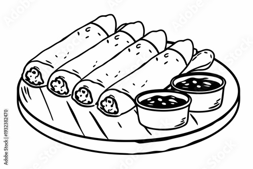 A simple black and white outline drawing displays four traditional spring rolls neatly arranged on a rectangular serving plate, accompanied by two small dipping sauce bowls.