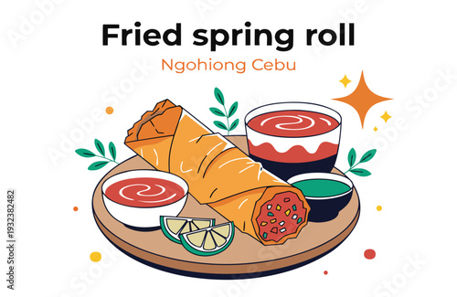 A vibrant and modern illustration showcases a single crispy fried spring roll, labeled "Ngohiong Cebu," served with dipping sauces and citrus wedges on a round wooden plate.