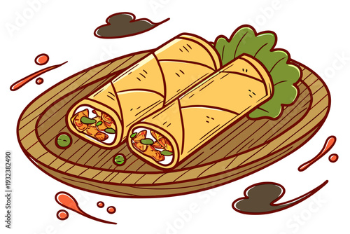 A charming hand-drawn style illustration displays two savory spring rolls served on an oval wooden platter, accented with green peas and artistic sauce drizzles.