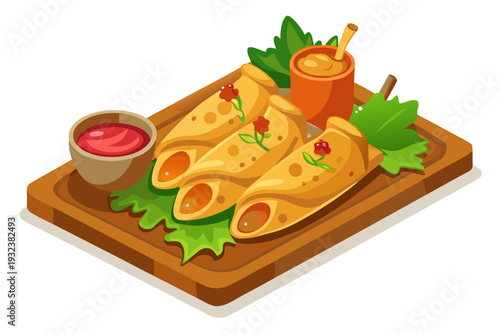 A delightful isometric illustration features three intricately decorated pancake rolls or crepes, adorned with small flowers and served on a wooden board with two dipping sauces.