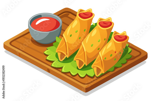 A clean isometric illustration shows three golden-yellow pancake rolls or crepes, filled with red, served with red dipping sauce on a rustic wooden board.