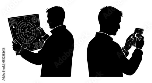 Contrasting silhouettes of figures holding lanterns with crescent and star motifs Vector, illustration
