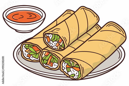Three freshly prepared, colorful spring rolls filled with vegetables and possibly meat are neatly arranged on a white plate, accompanied by a small bowl of savory dipping sauce.