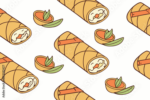 This delightful and repetitive pattern features numerous vibrant spring rolls scattered diagonally across a light background, interspersed with small bowls of sauce and decorative green leaves.