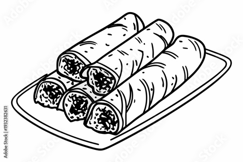 A minimalist black and white line art drawing displays three fresh spring rolls, filled with various ingredients, neatly stacked on a rectangular serving plate, ready to be enjoyed.