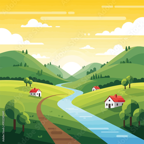 A picturesque landscape, featuring homes, river, and hills