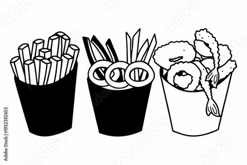 Three containers in black and white line art hold popular fried snacks: french fries, crispy onion rings, and tempura-style shrimp or calamari, depicted simply.