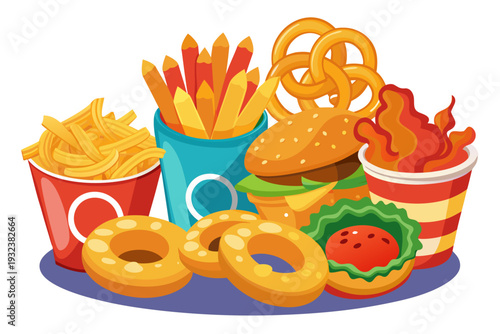 An abundant and colorful spread of fast food items, including french fries, a substantial hamburger, crispy pretzels, sweet donuts, and a cup of hot sauce.