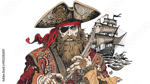 Pirate Captain with an Elaborate Hat and a Long Beard Holding a Sharp Cutlass Beside a Sailing Ship