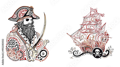 Pirate Captain and Ship Ornate Decorative Illustration on Transparent Background
