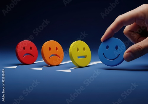 A hand selecting a happy face emoji from a line of colorful emotion emojis.