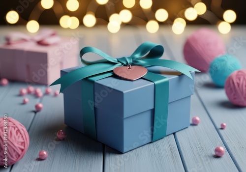 Beautifully wrapped gift box with a teal ribbon and pink tag on a wooden surface