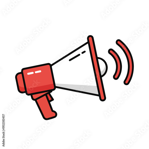 A red and white megaphone with sound waves emanating from the horn