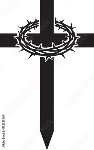 Christian Cross with Crown of Thorns Black Silhouette Vector