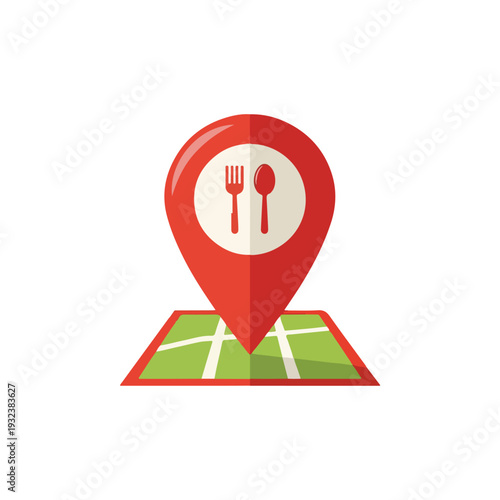 A red location marker with fork, spoon, and map for a food spot