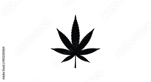 A stark black silhouette of a cannabis leaf against a white background