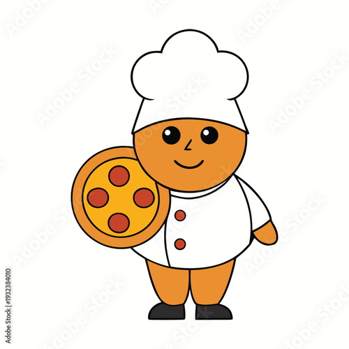 A cheerful cartoon chef with a tall white hat proudly holds a hot, cheesy pizza. With a big smile and rosy cheeks, he presents his fresh, delicious creation straight from the oven.
