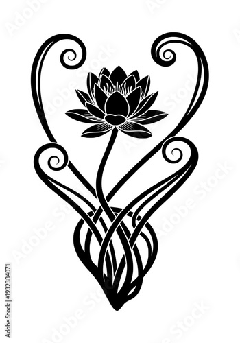 Elegant lotus flower illustration with swirling stems and leaves in a heart shape