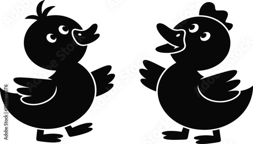 Cute duck cartoon silhouettes black vector illustration set isolated on white background, funny bird characters design