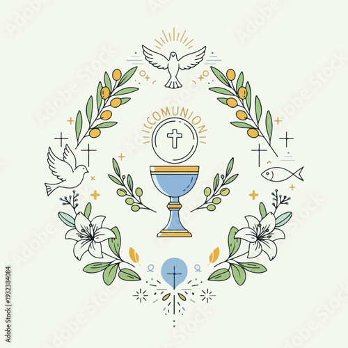 A religious illustration featuring chalice, cross, dove, fish, and floral elements