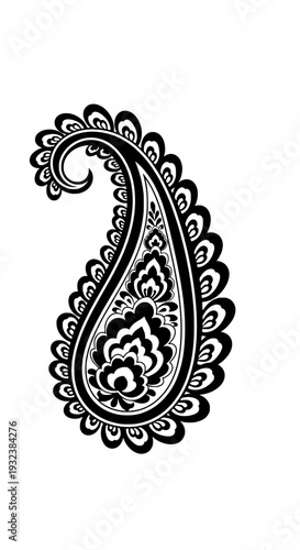 Ornate paisley motif illustration featuring floral patterns, teardrop shape, and intricate designs in black and white