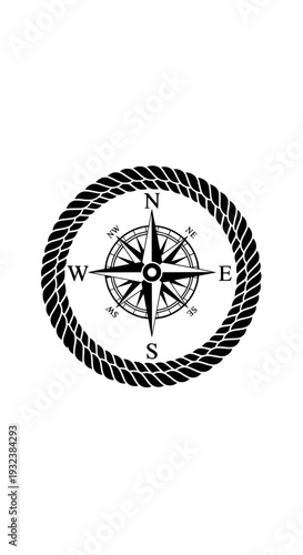 Navigational compass with rope border illustration on plain background from direct view