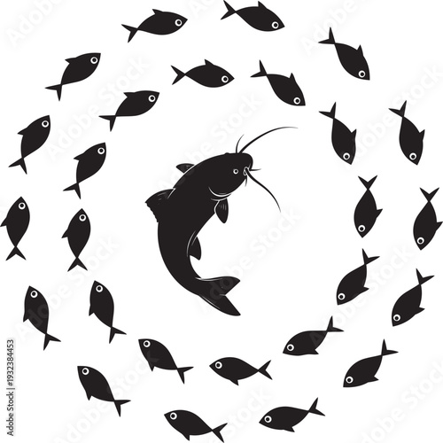 Catfish and School of Fish Silhouette Vector Icon Set, Long Whisker Detail and Circular Motion Composition, Bold Black Minimal Design Isolated on White Background