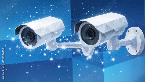 Two white security cameras, geometric design, on a blue background with network connections